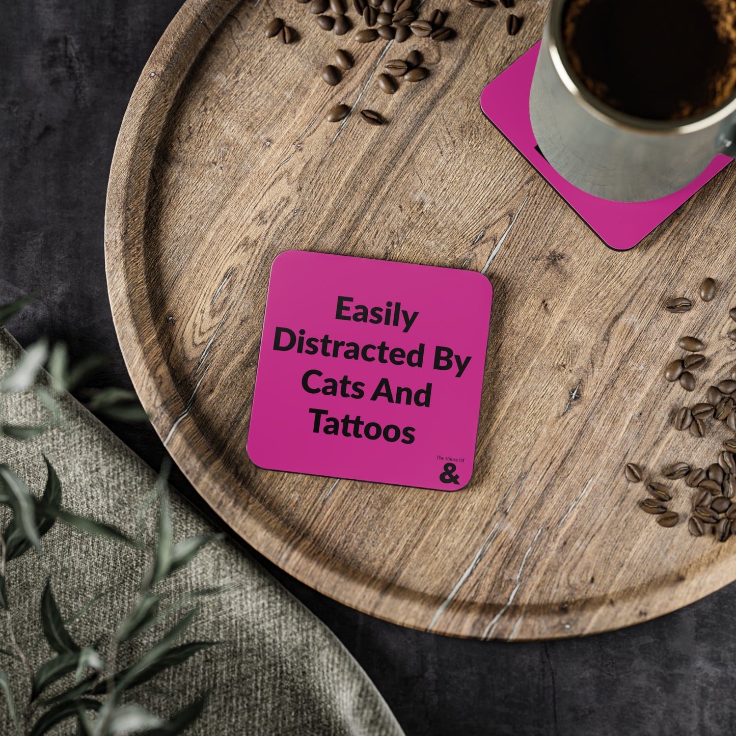 Coaster - Easily Distracted By Cats And Tattoos (Dark Pink)