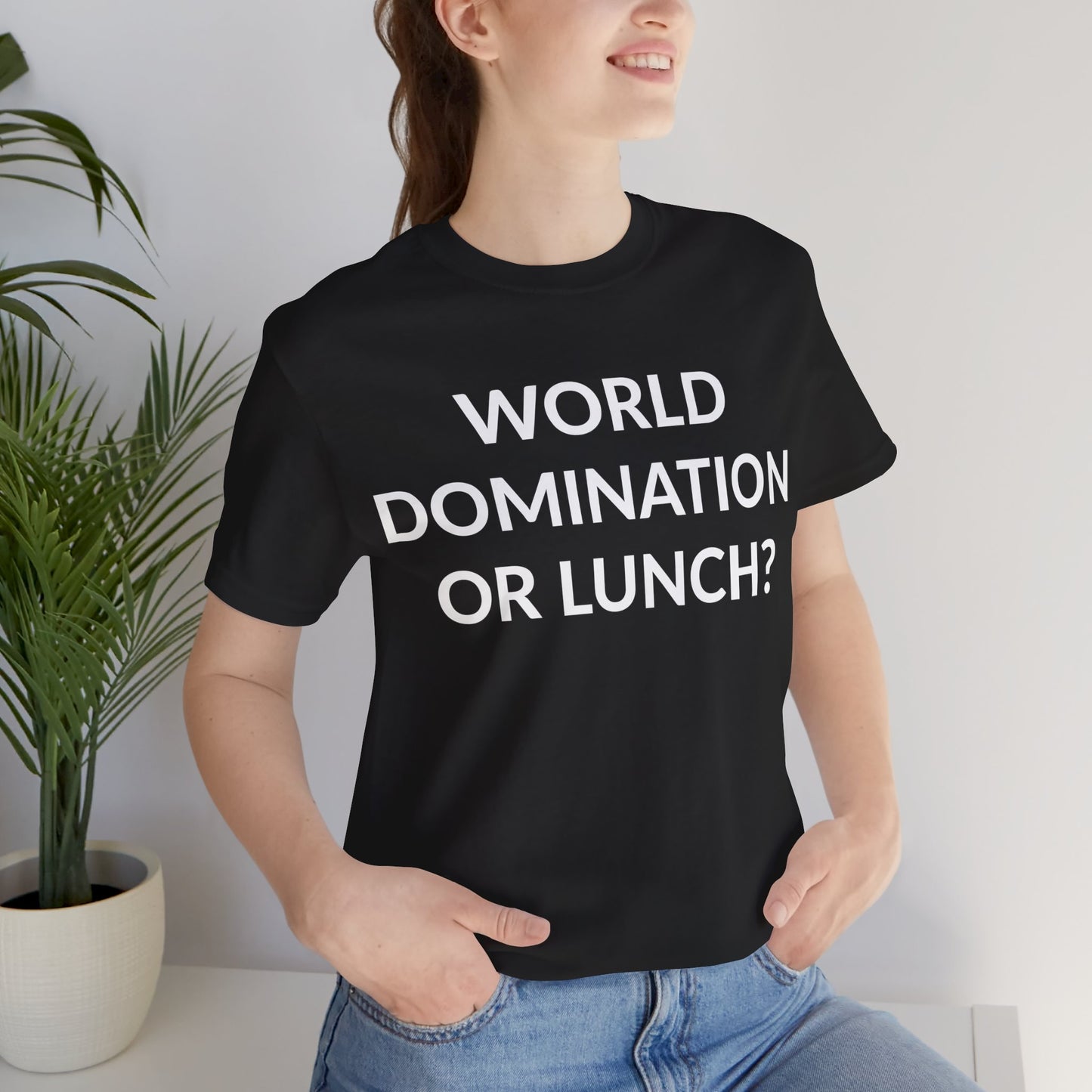 Unisex Jersey Short Sleeve Tee - World Domination Or Lunch? in Midnight (L)
