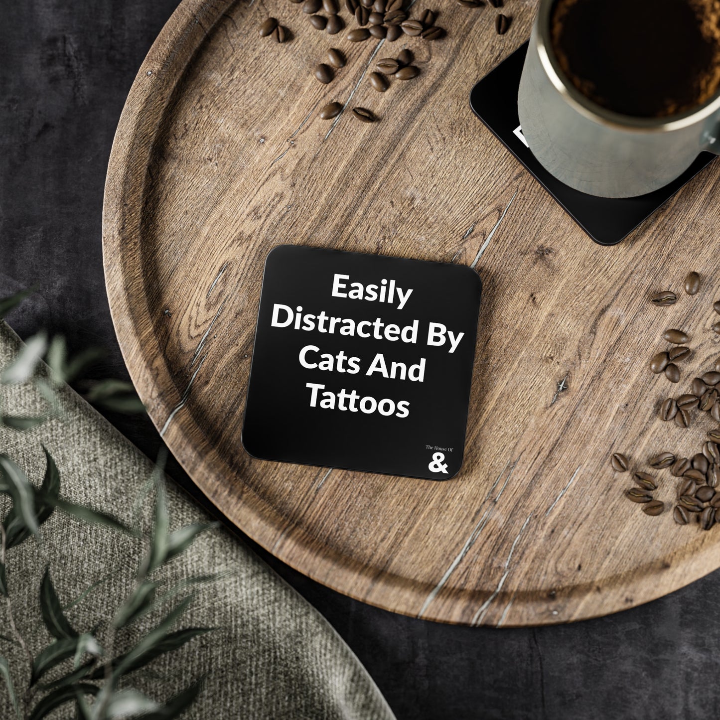 Coaster - Easily Distracted By Cats And Tattoos (Black)