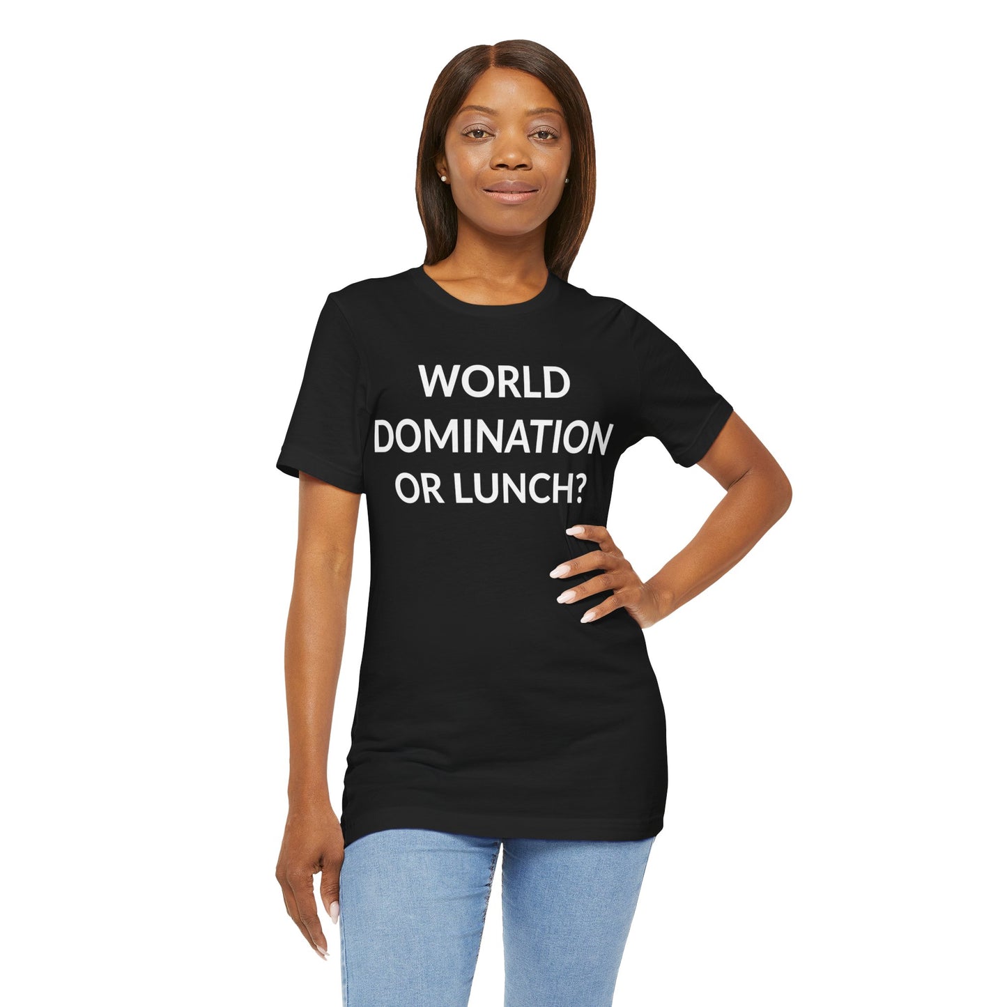 Unisex Jersey Short Sleeve Tee - World Domination Or Lunch? in Midnight (M)