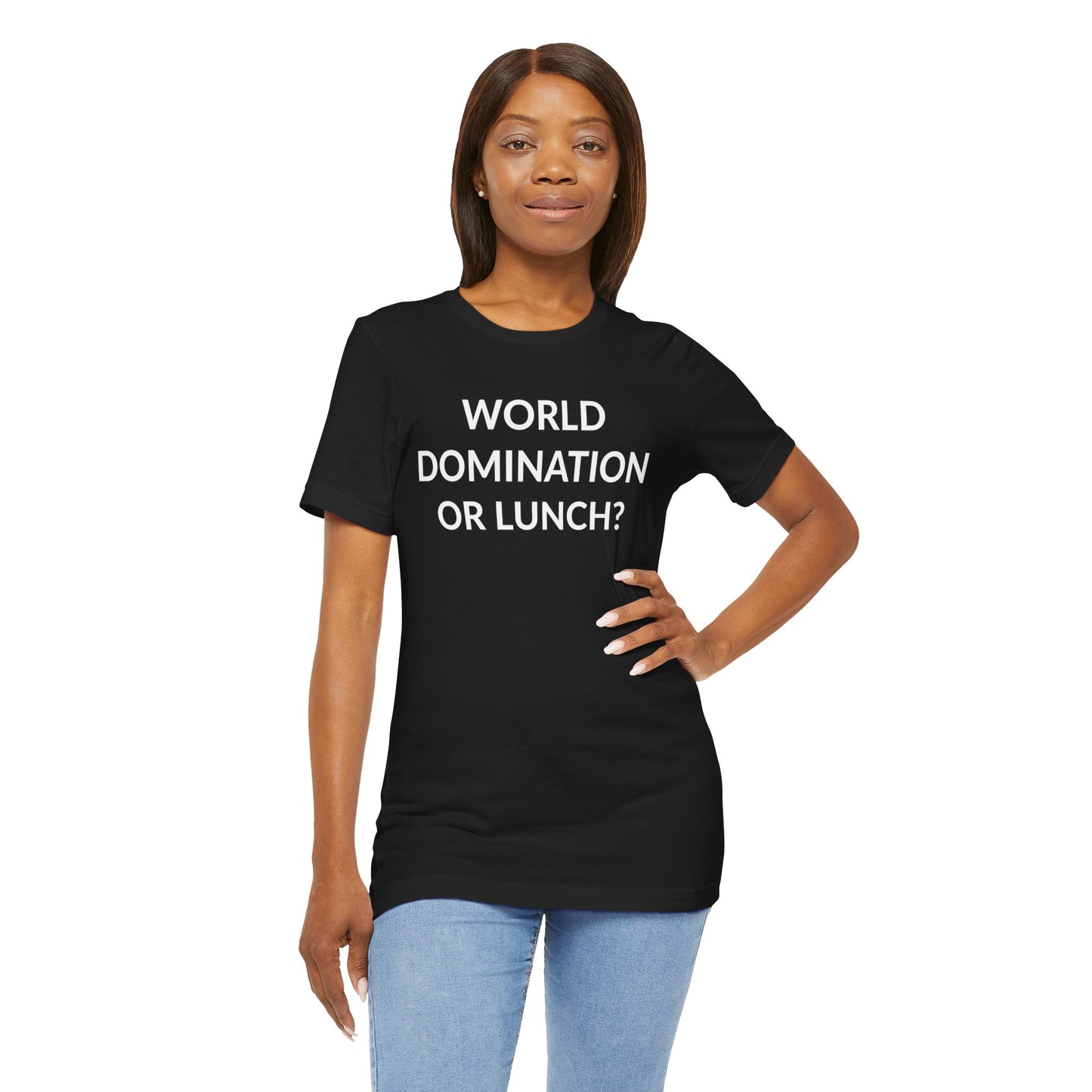 Unisex Jersey Short Sleeve Tee - World Domination Or Lunch? in Midnight (S)