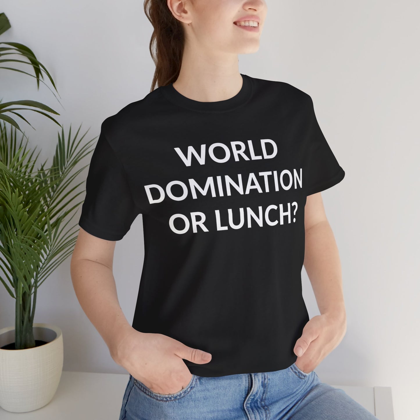 Unisex Jersey Short Sleeve Tee - World Domination Or Lunch? in Midnight (M)