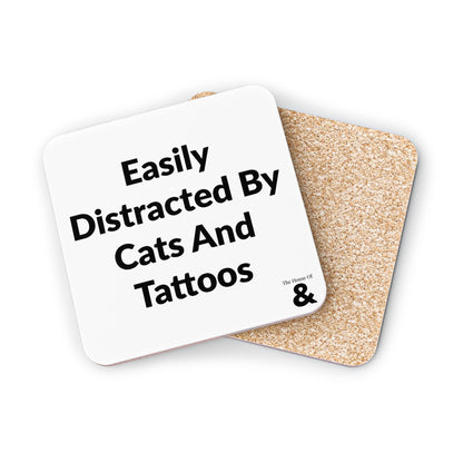 Coaster - Easily Distracted By Cats And Tattoos (White)